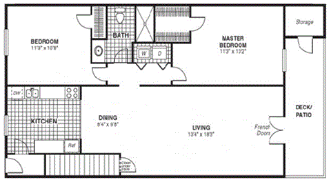 Floor plan for 2 beds, 1 bath, 975 sqft